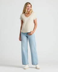 Womens Black & Oatmeal Relaxed Slub V-Neck Tee 4-Pack